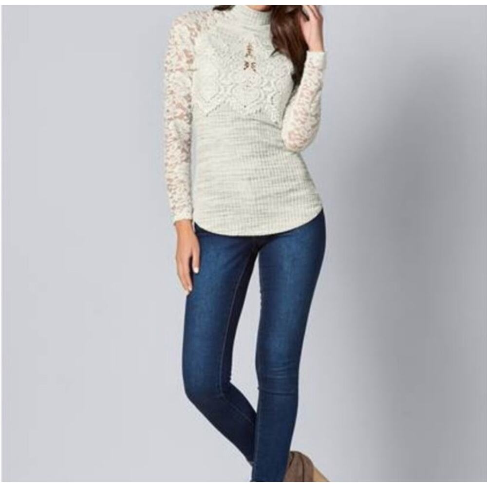 VENUS | Knit Lace Mock Neck | Space Dye Grey/Cream | Top | Size XL